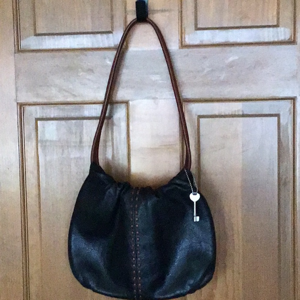 Fossil Black Leather Purse with Brown Trim
